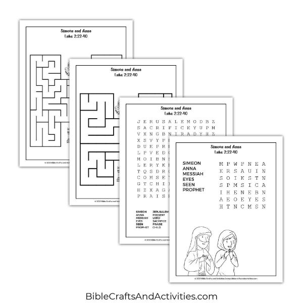 simeon and anna activity pages - mazes and word search puzzles.