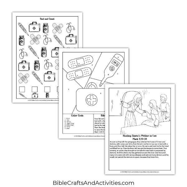 jesus heals simon's mother in law activity pages - I Spy puzzle, color by number, coloring page with scripture.