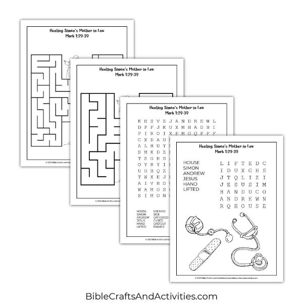 jesus heals simon's mother in law activity pages - mazes and word search puzzles.