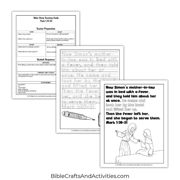 jesus heals simon's mother in law activity pages - coloring and copywork for Mark 1:30-31