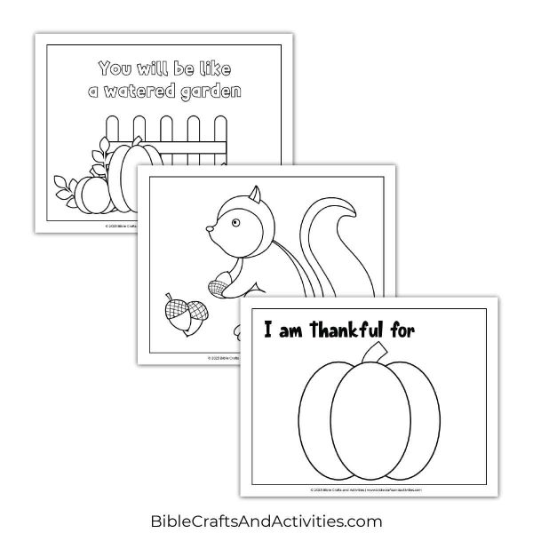 simple fall coloring pages - pumpkin patch, squirrel with acorns, I am thankful for with pumpkin to write on.