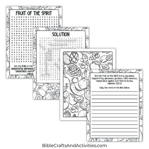 fruit of the spirit journal for kids king james version word search puzzle, solution, coloring page, and verse writing page.