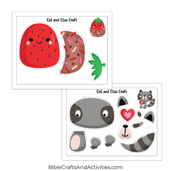 valentine's day cut and glue crafts - strawberry and raccoon