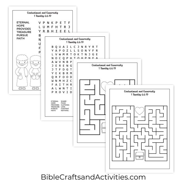 contentment and generosity activity pages for 1 Timothy 6:6-19