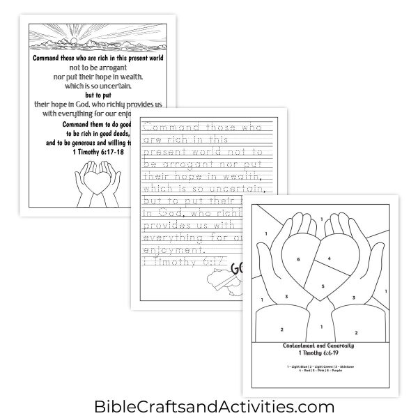 contentment and generosity activity pages for 1 Timothy 6:6-19