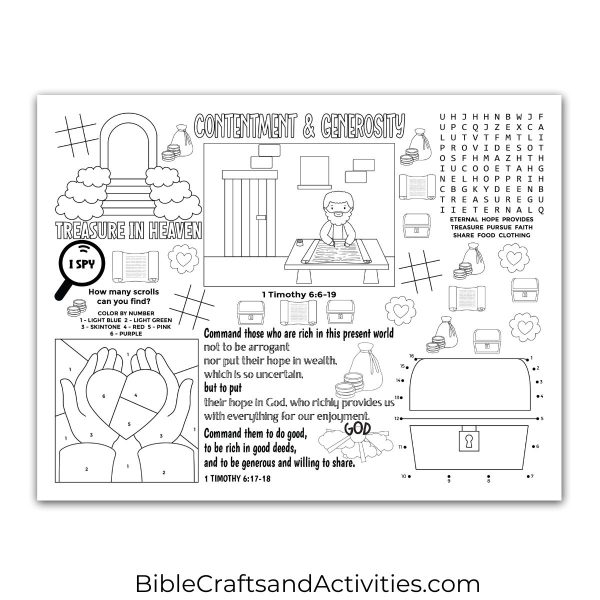 contentment and generosity activity sheet for 1 Timothy 6:6-19